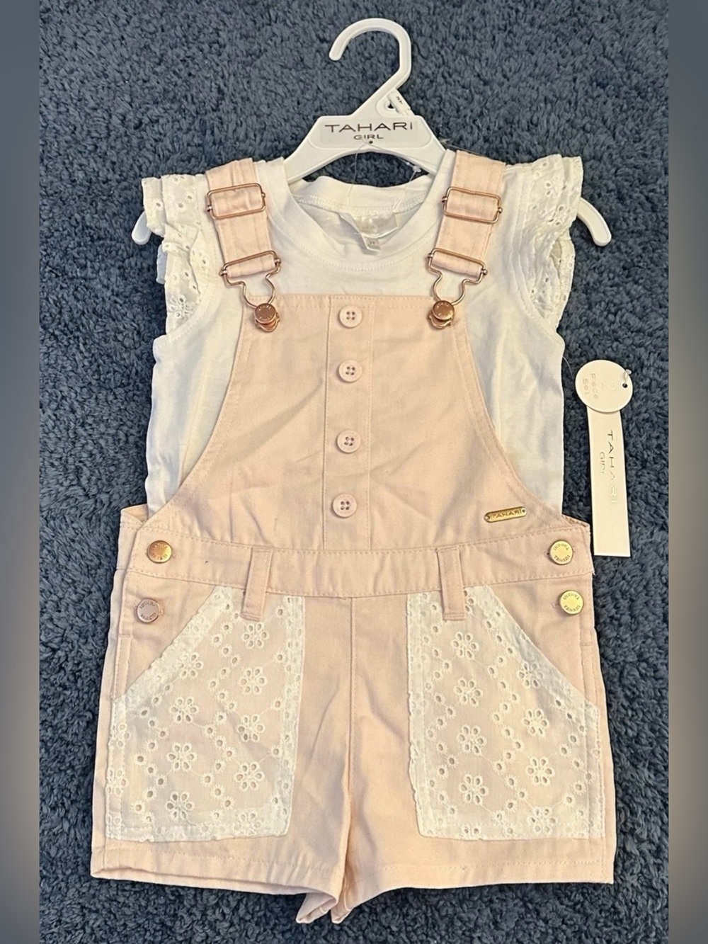 Tahari Girl Toddler 2T Pink/White Shortall Overalls w/ T-Shirt 2-Piece Set NWT